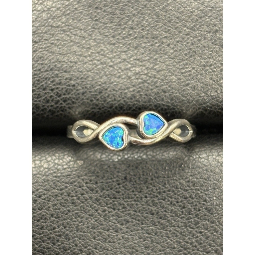 New Condition Sterling Silver Blue Opal Double Heart Ring Size 7 F16